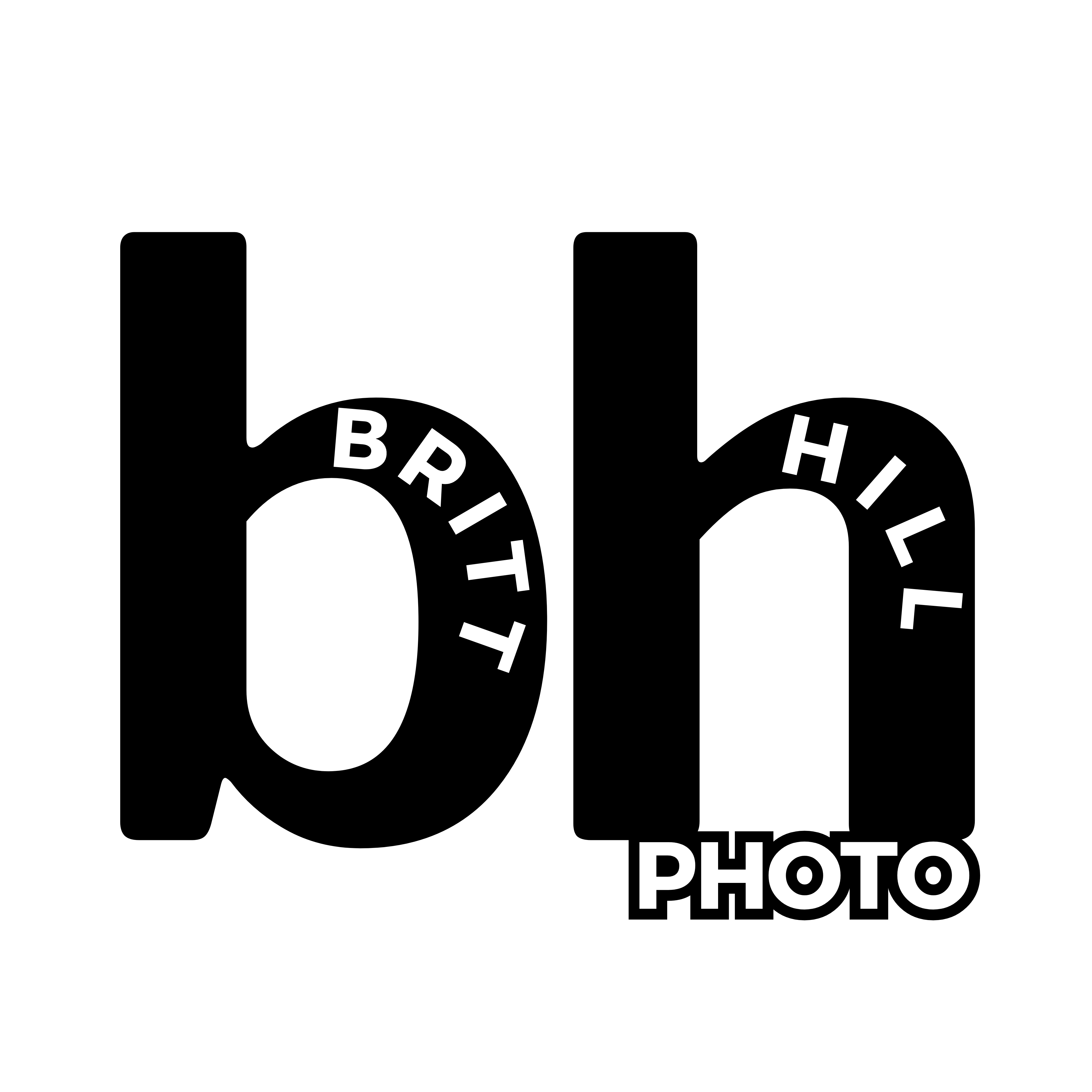 Logo design for Britt Hill Photo featuring stylized letters 'b' and 'h' with the full name prominently displayed.